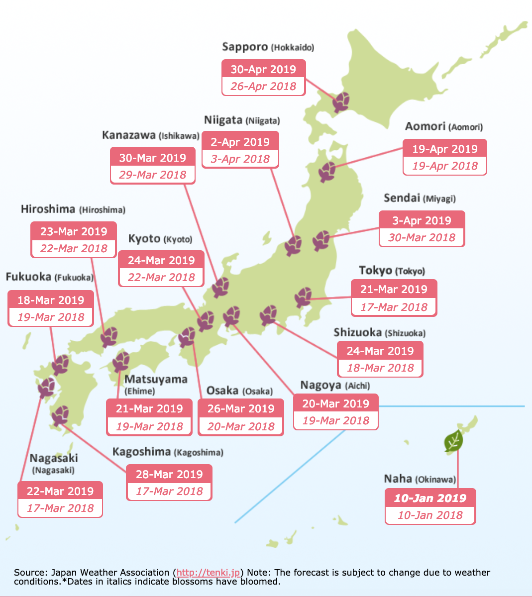 Calendrier de la floraison des cerisiers au Japon